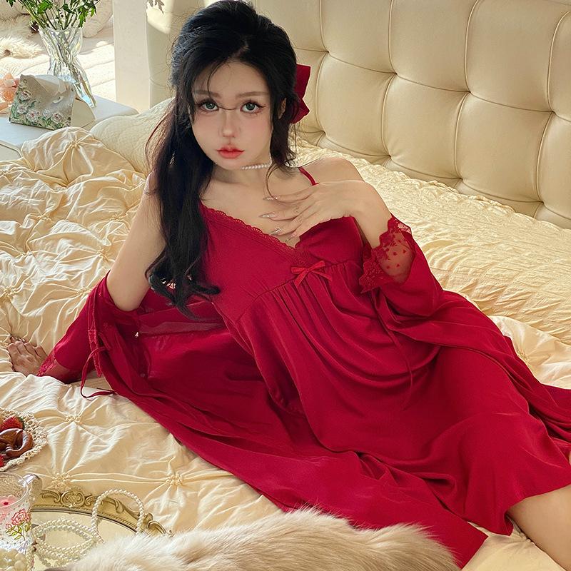 Sexy Pajamas Women Ice Ribbon Chest Pad French Silk Suspender Pajamas Pajamas Medium and Long Pure Desire Mesh Lace
