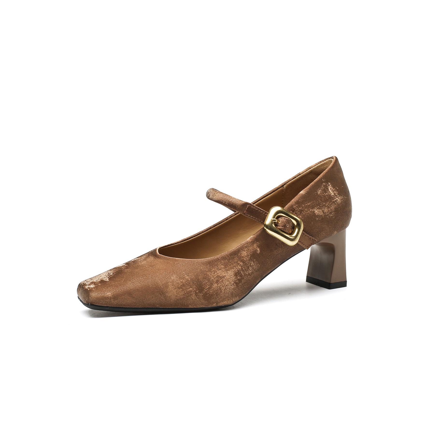 

6368-12 Classic new Chinese style! Retro national style square head thick heel sandals with Mary Jane light mouth single shoes 40 коричневый