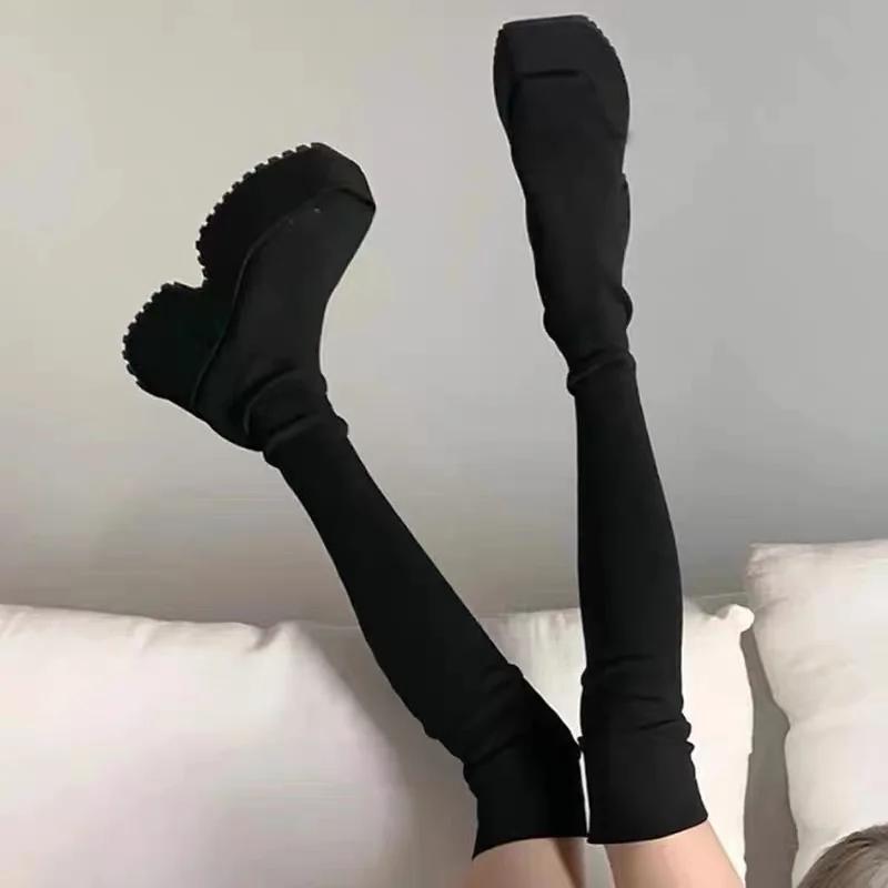 Fashion Women's Over The Knee Sock Boots Winter New Fashion Stretch Thick Heels Knitted Long Boots Women Slip on Platform Shoes