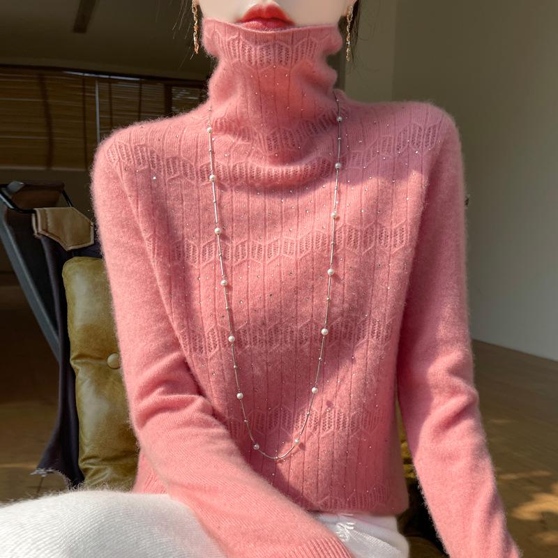 Women's Pure Wool Rhinestone Embellished Knit Top, Stacked Collar, Long Sleeve, Hollow Design for Autumn/Winter