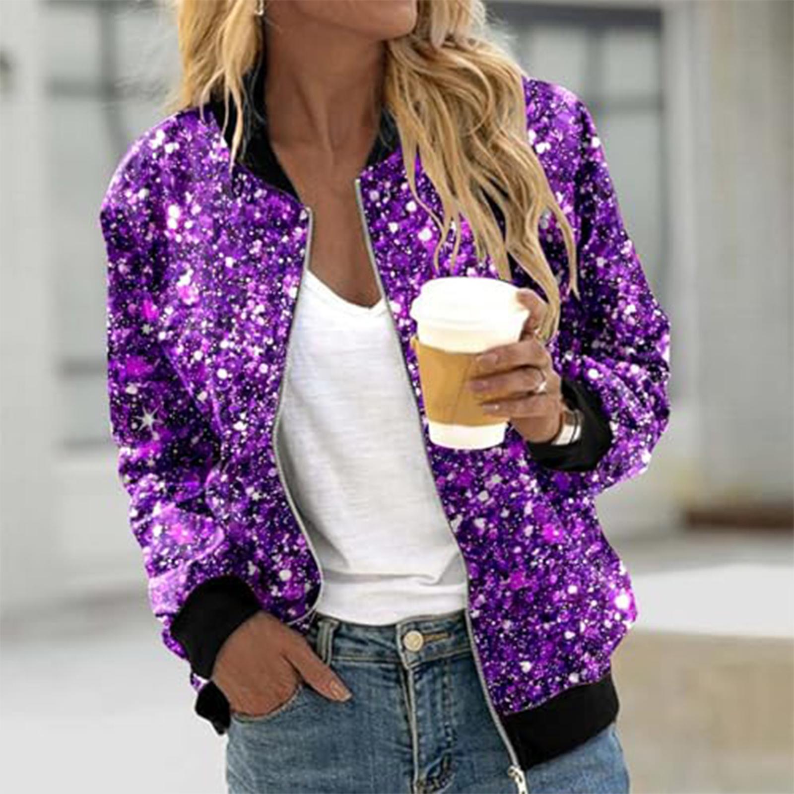 Women s Fashion Long Sleeve Sequin Print Round Neck Zip Jacket XL фиолетовый