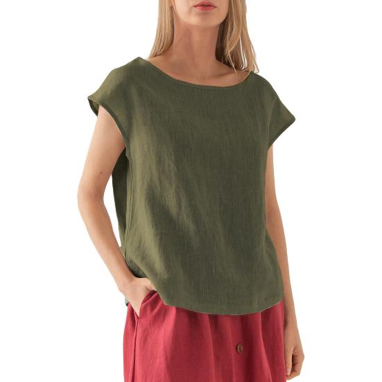 Women Tops Draped Short Sleeve Round Neck Loose Fit Casual Tops Summer Spring Blouse Versatile Style Daily Wear