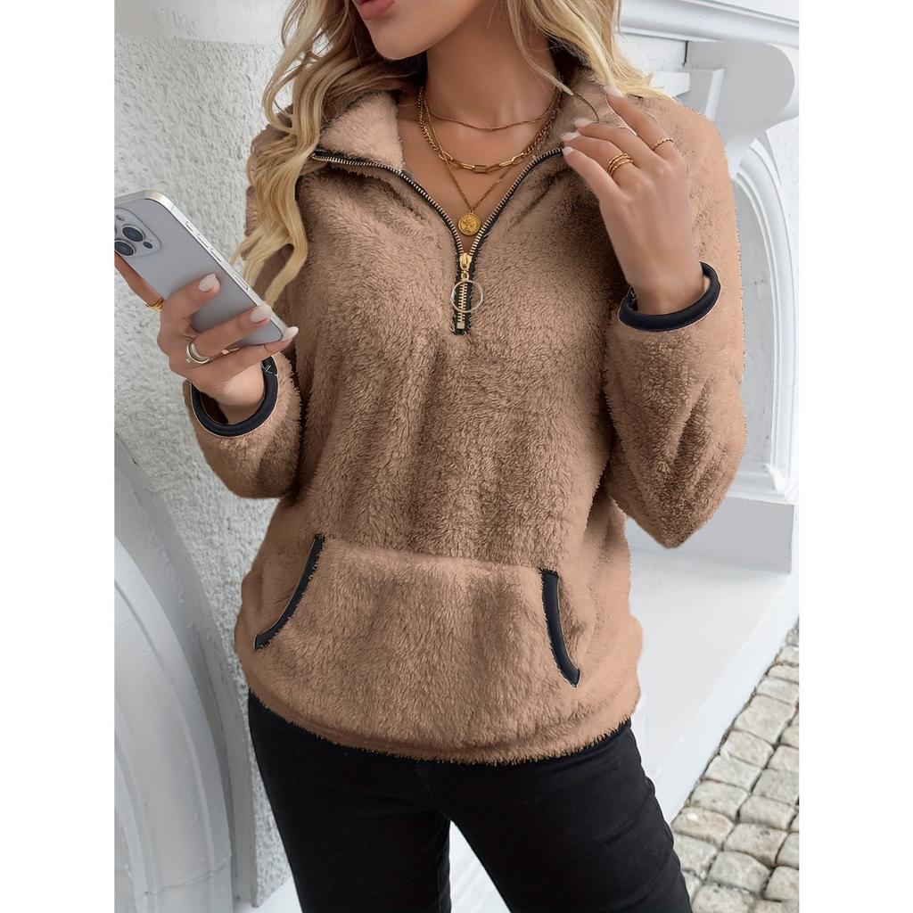 Herbst und Winter neu Revers Jacquard Halbreißverschluss Plüschtasche Damen Sweatshirt
