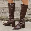 Mode Einfarbiges PU Kniehoch Moderne Stiefel Damen Winter Spitzschuh Seitenreißverschluss Reitstiefel Sexy High Heel Schuhe Übergröße 42