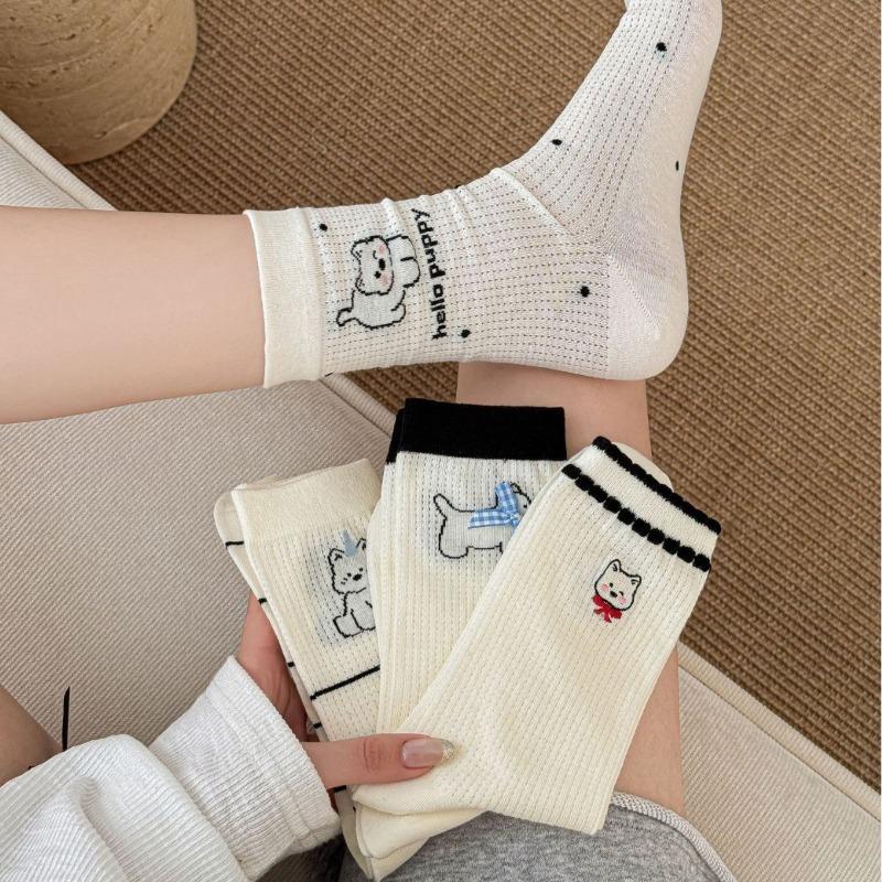 Cartoon Socks, Women's Mid-calf Socks, Trendy Early Autumn, Cute School Style, Bow, Puppy, Striped Long Socks