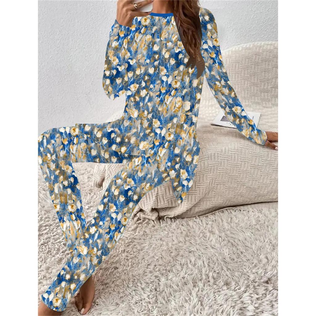 Euroamerikanische Mode 3D Blumendruck Damen Vier-Jahreszeiten Langarm T-Shirt + Lange Hose Zweiteiliges Set. Das perfekte Geschenk für Neujahr