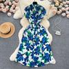 Light Luxury Retro V-neck Printed Dress Women's Summer French Lace-up Waist Loose and Thin Medium and Long Shirt Skirt