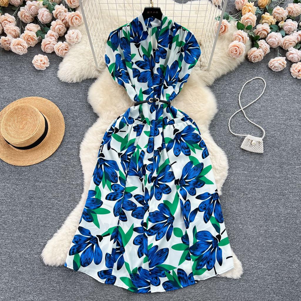 Light Luxury Retro V-neck Printed Dress Women's Summer French Lace-up Waist Loose and Thin Medium and Long Shirt Skirt