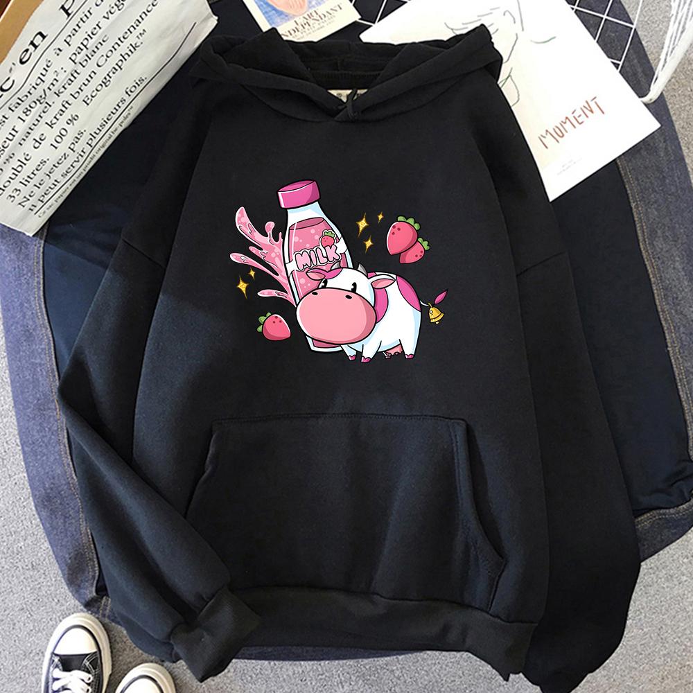Strawberry Milk Pink Cow Hoodie Oversized Cartoon Printed Sweatshirt Women Warm Hooded Pullovers Harajuku Sweatshirts