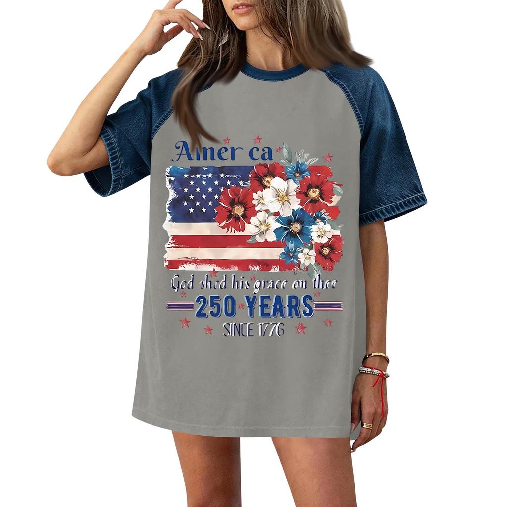 Denim Patchwork Shirts For Women Stand Collar Casual Blouse Short Sleeve Comfy Tshirt Spring Summer Fashion