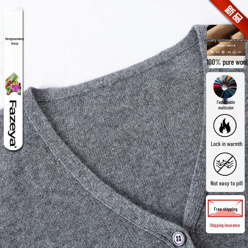 Women's V-Neck Pure Wool Cardigan Sweater - Solid Color, Long Sleeve, Trendy Casual Outerwear.
