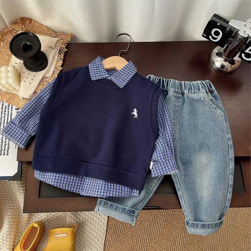 

Осень 2025 Рубашка и жилет для мальчиков с джинсами - Детский комплект из трех предметов 100cm темно-синий