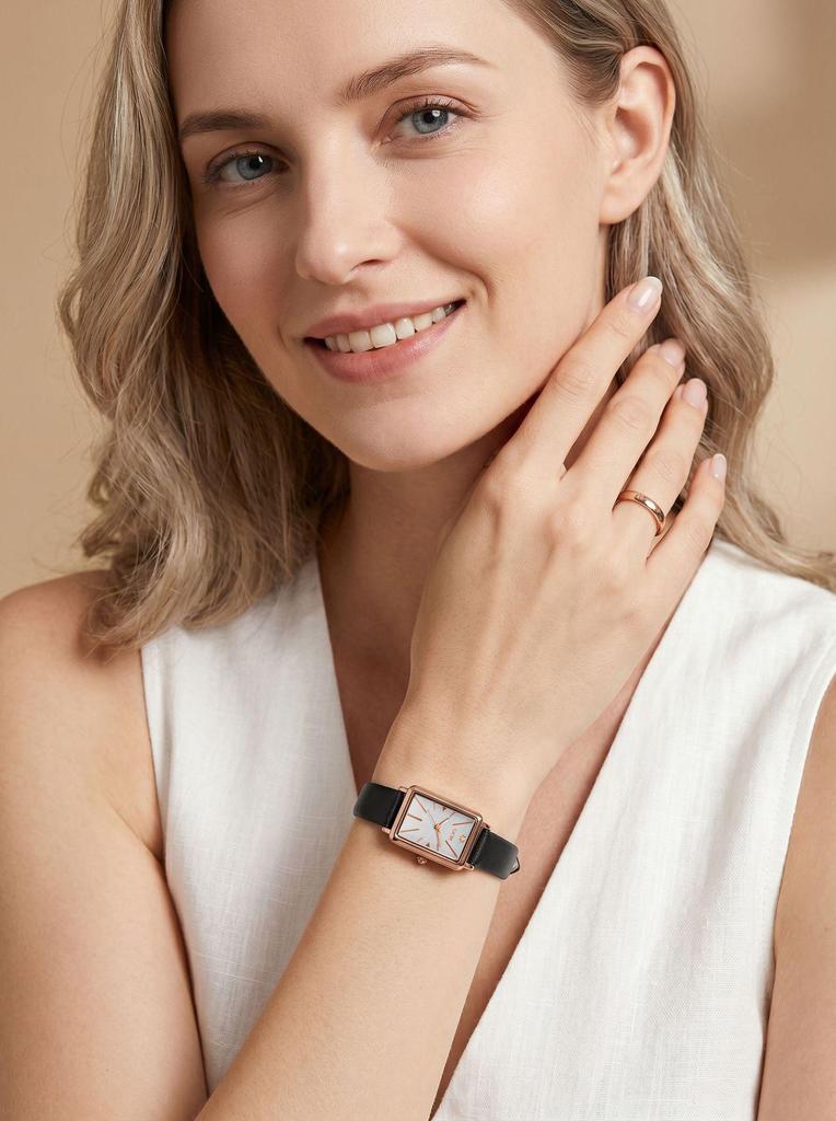 Gedi Rose Gold Small Quartz Watch with Silver Dial & Black Leather Strap