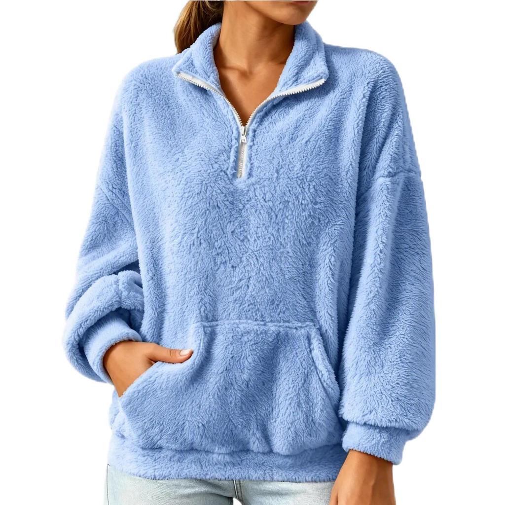 Women's Turtleneck Zip-Neck Long Sleeve Loose Fit Casual Pullover Top