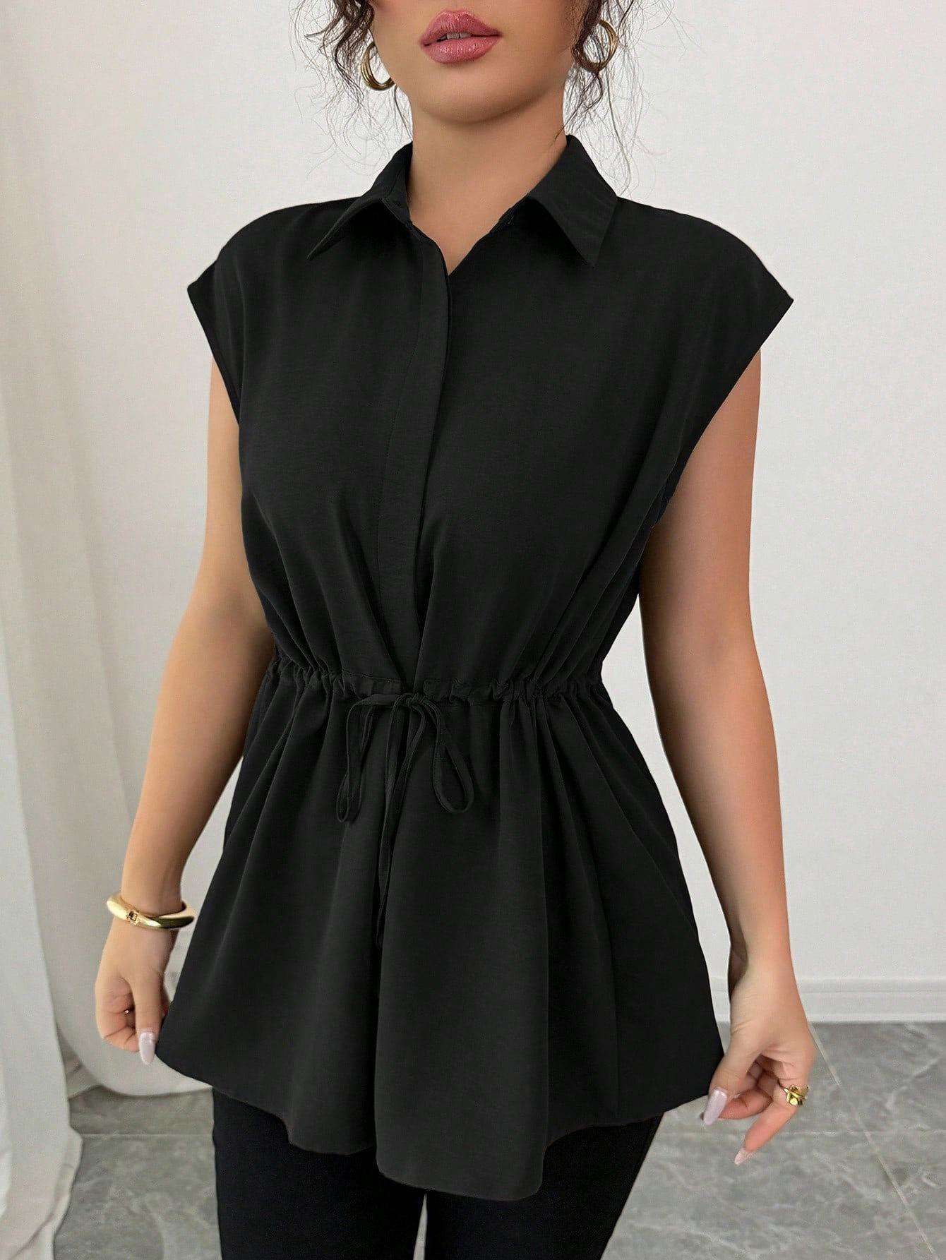 Women Sleeveless Collared Shirt with Waist Drawstring Casual Solid Color Blouse S чёрный