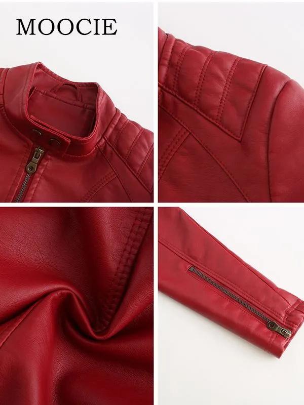 Women's Casual Leather Jacket With Stand Collar, Slim Fit, Color