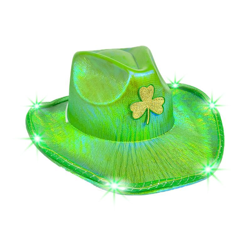 Green sequined cowboy hat, green clover western cowboy hat with light