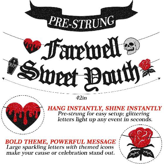 Farewell Sweet Youth Banner Funeral for My Youth Birthday Decorations Gothic Death Rip to my 20th 30th 40th bday Backdrop Bachelorette Retirment