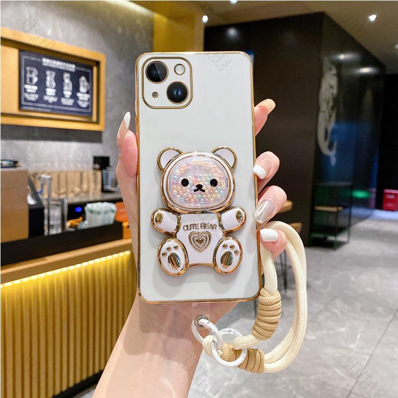 

Чохол-тримач для телефона з ремінцем із милим ведмедиком для iPhone 15 11 14 12 13 Pro Mini 8 7 6 Plus X Xr Xs Max apple13 15pro Чохол-підставка For iPhone Xs Max білий