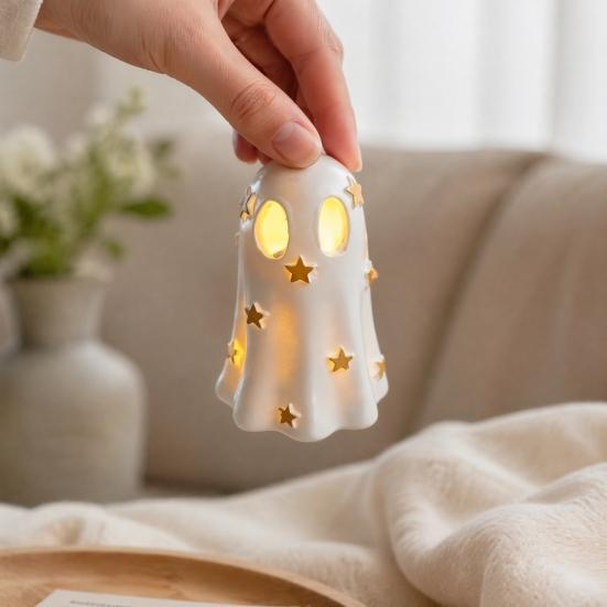 Resin Ghost Statue Halloween Decoration, Cute Light Up Figurine, Spooky Warm LED Bedside Lamp with for Shelf Mantel Indoor Home Decor Party Supplies