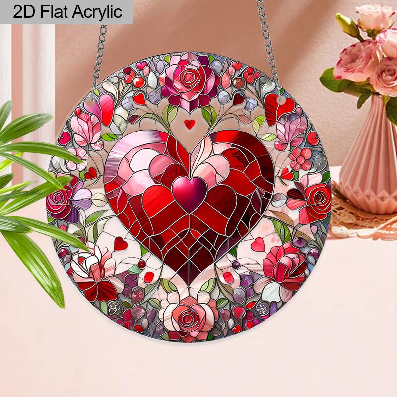 Acrylic Heart & Roses Suncatcher, Stained Glass Effect Window Hanging Ornament for Love & Valentine's Day Lover Gifts