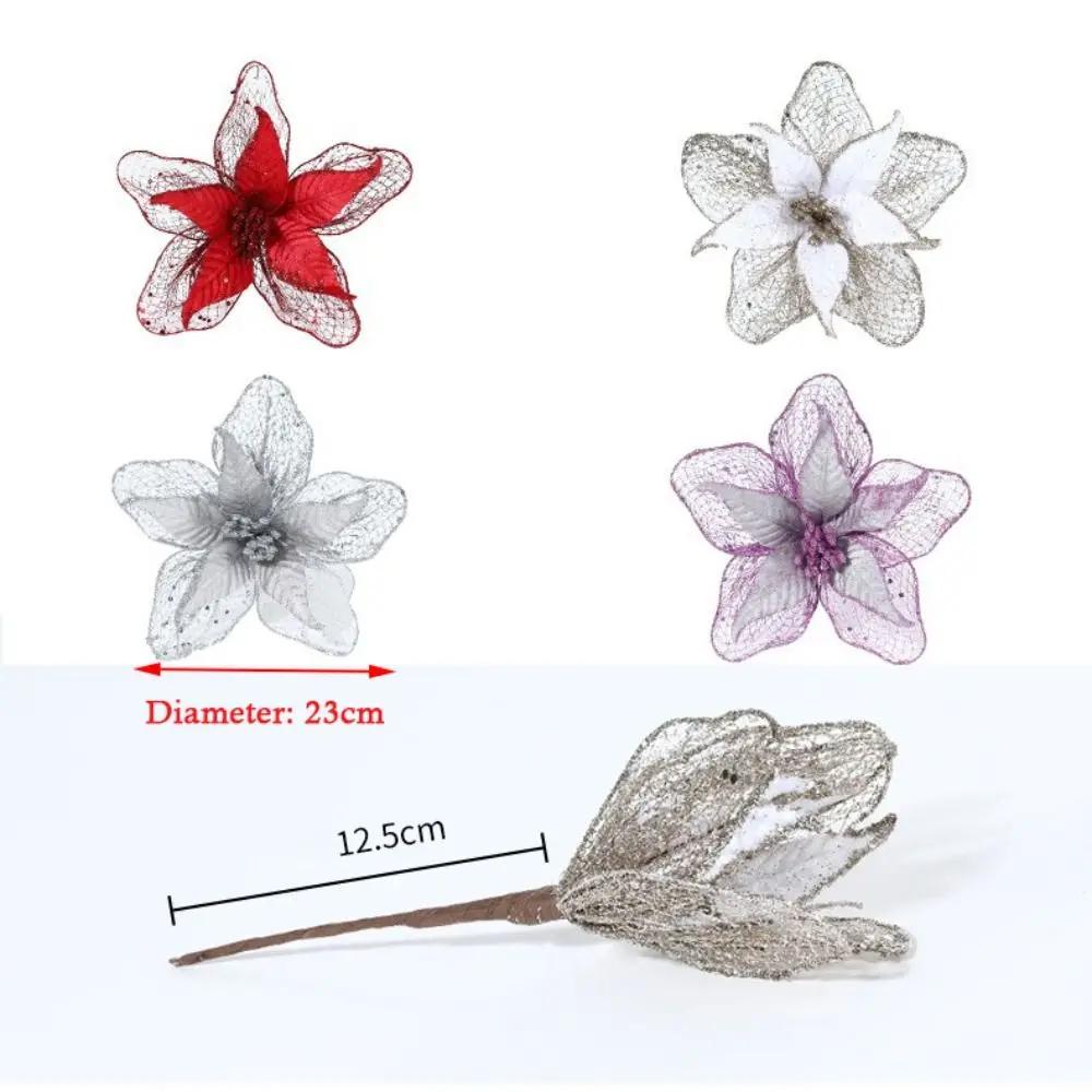 New 23cm Poinsettia Glitter Flower Xmas Hanging Ornaments DIY Christmas Flowers Artificial Xmas Tree Decorations Party Supplies