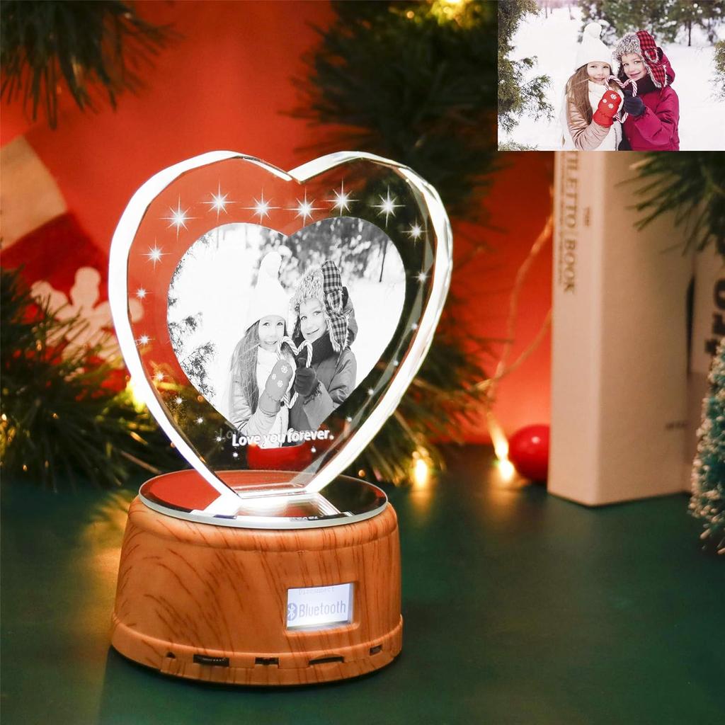 Personalized Heart Night Light 3D Crystal Lamp Custom Photo Picture Engraved Led Light 7 Color with Music Wood Base Personalized Gift for Women