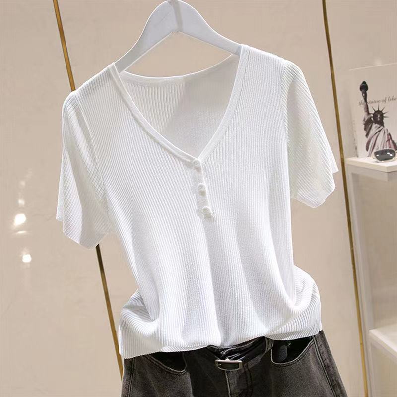 Women Ice Silk Short Sleeve Knitted V Neck T Shirt Versatile Pullover Simple Top