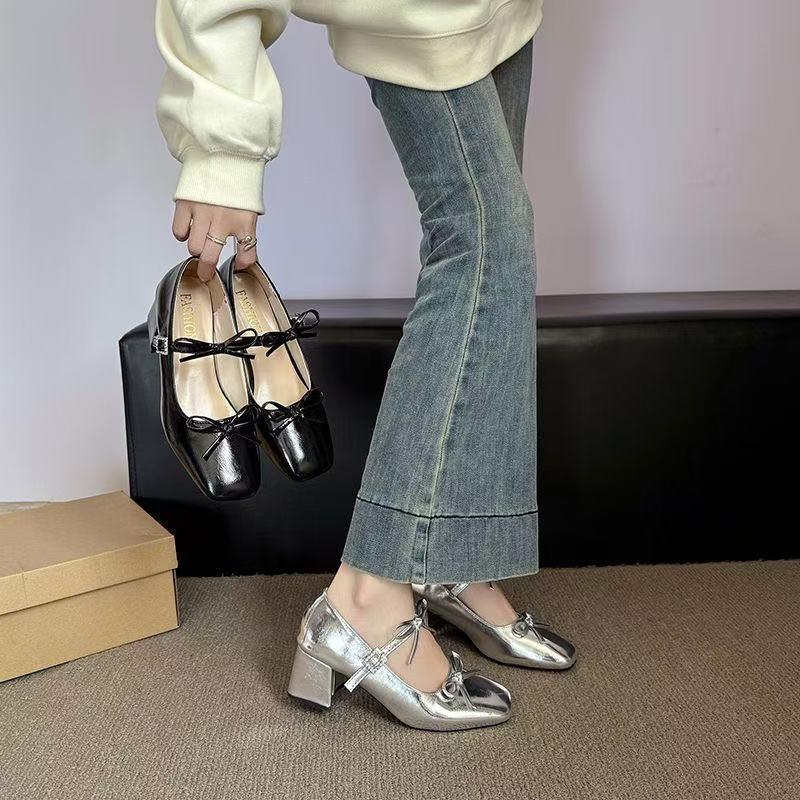 2025 New Versatile Silver French Bow Mary Jane Skirt Shoes - Women's Chunky Heel Spring Edition