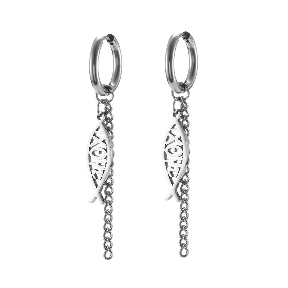EUEAVAN Stainless Steel Ichthys Jesus Fish Dangle Earrings for Women Men Christian Symbol Hoop Earrings Amulet Religious Jewelry