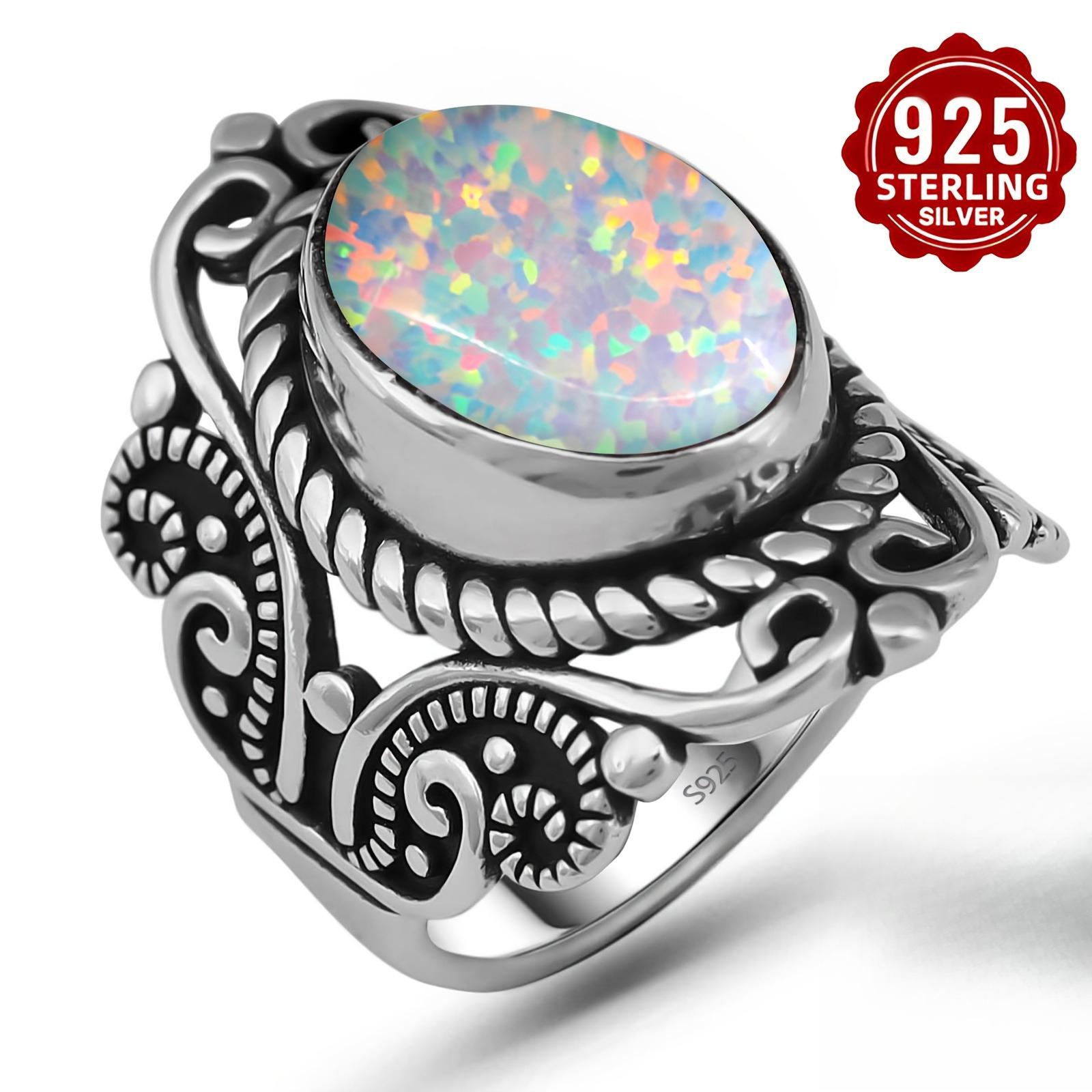 sterling silver oval agate protein thumb ring, vintage luxury unique hollow-carved design oval ring 6