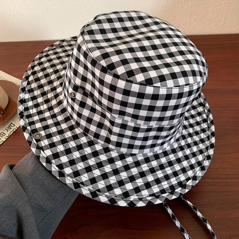 Стильная милая клетчатая шляпа-рыбак для женщин с защитой от УФ-лучей и широкими полями Black Check