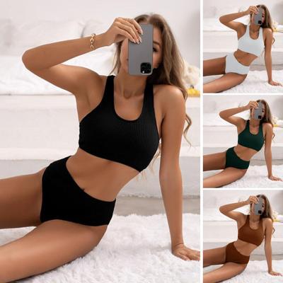 2 Stuks/Set Dames Bikini Set U-Hals Mouwloos Uitneembare Vulling BH Hoge Taille Zwembroek Set Geribbeld Badpak