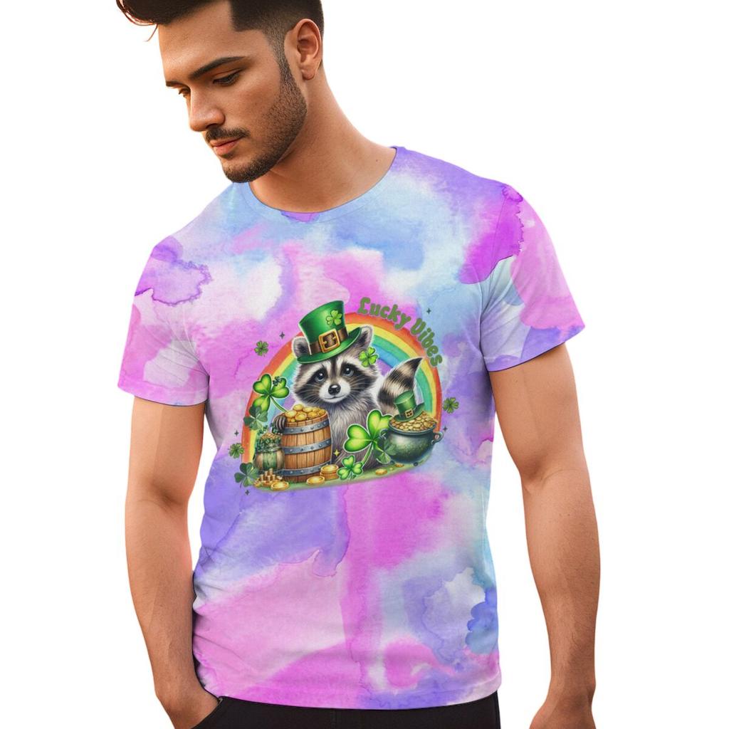 St Patricks Day Raccoon Shirt Lucky Vibes Short Sleeve Round Neck Tee Cartoon Lucky Raccoon St Patricks Day Unisex TShirt