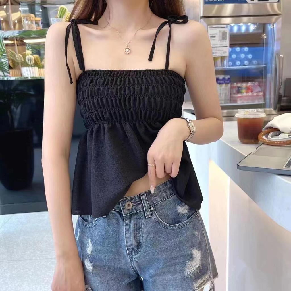Beautiful Summer Internet Celebrity New Women's Sweet Bubble Pleated Lace-up Suspender Vest Top