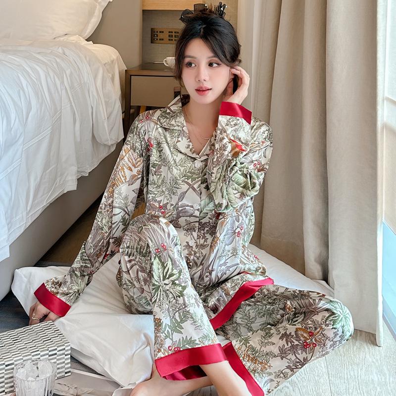 Ice Silk Women's Mori Style Long Sleeve & Pants Floral Pajama Set