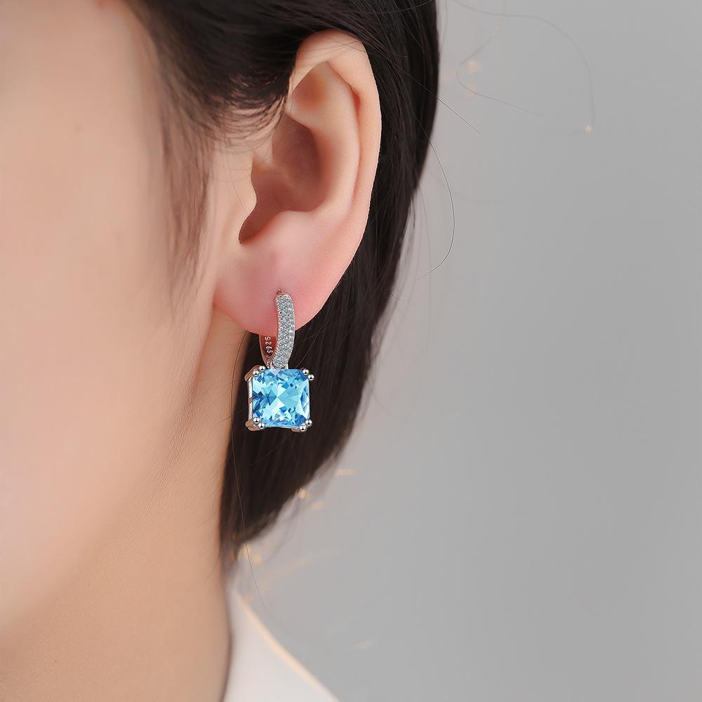 Kolczyki księżniczki Douyin z kwadratowymi cyrkoniami: Kolczyki w stylu europejskim i amerykańskim z kolorowymi kamieniami szlachetnymi dla kobiet