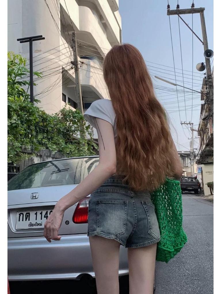 Women's High Waist Elastic Denim Shorts - Irregular Slanted Hem, Petite Fit, Casual Versatile Summer Hot Pants