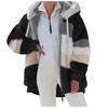 Autumn and Winter Warm Plush Patchwork Zipper Pocket Hooded Jacket for Women