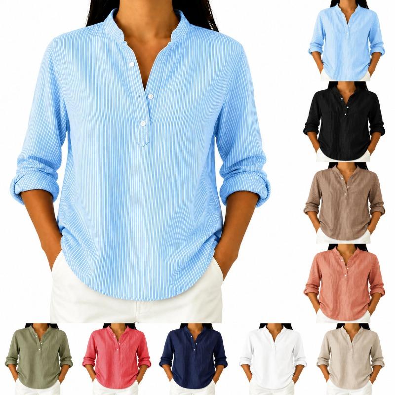 Women Stand Collar Vertical Stripe Long Sleeve Shirt Solid Green Half Button Casual Blouse