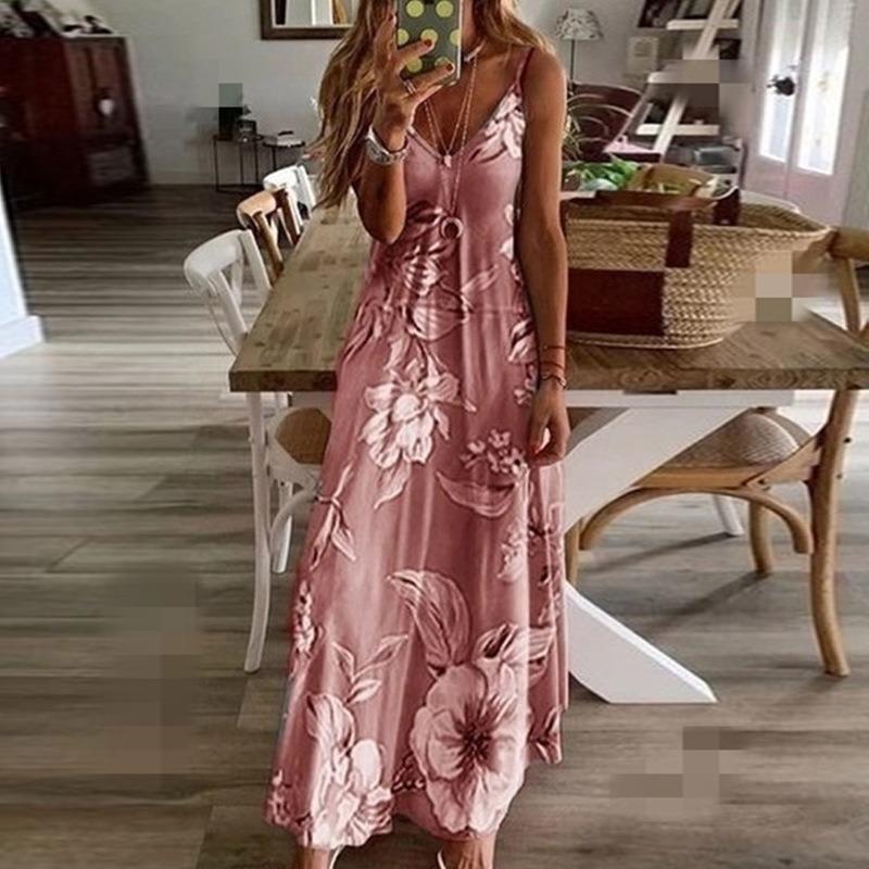 Fashion Loose Printed Suspenders Long Dress Women V Neck Plus Size Casual Simple Floral Maxi A-line Party Dresses Summer Spring Streetwear Clothing