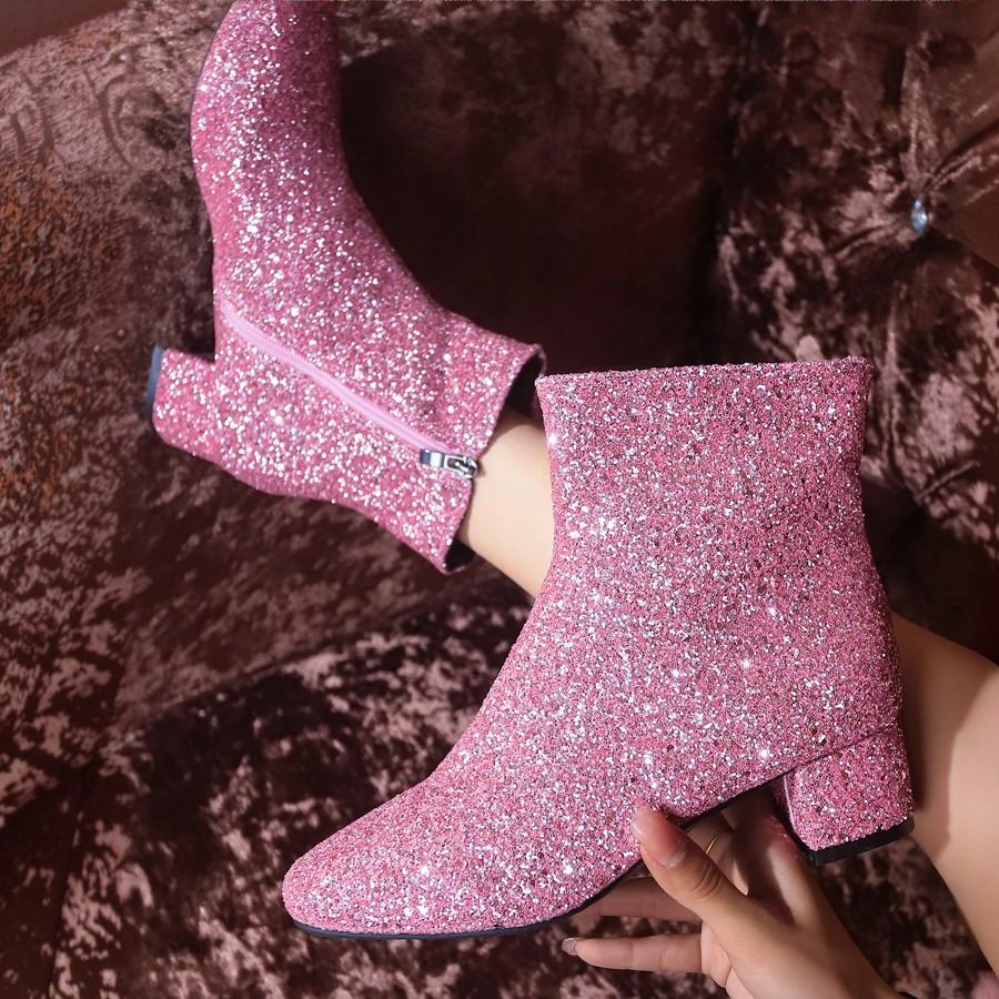 Women Ankle Boots Luxury Outdoor Designer Shoes Sequins Round Toe Party Shoes for Women Glitter Zipper Chunky Heel Boots Women