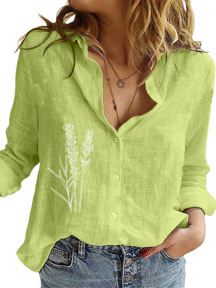 Women Fashion Long Sleeve Shirt Loose Cotton Linen Top Ladies Casual Print Blouses