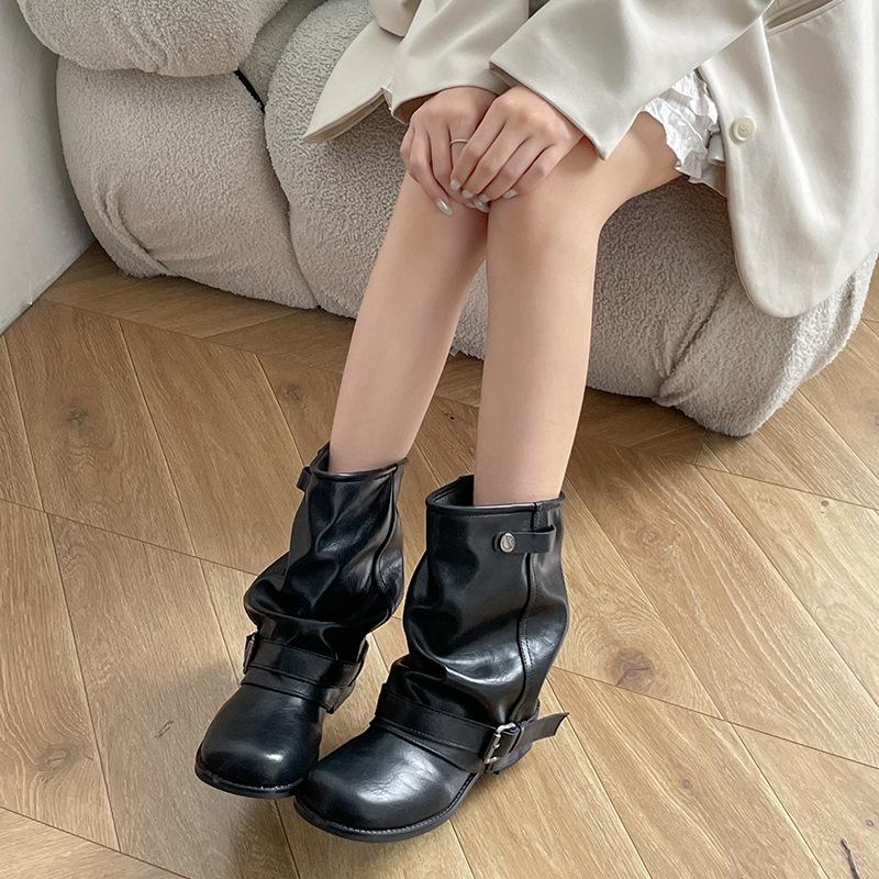 New Fashion Women's Pants Tube Cowboy Boots Autumn Pile Pleated Black Vintage Western Martin Boots Thick Heel