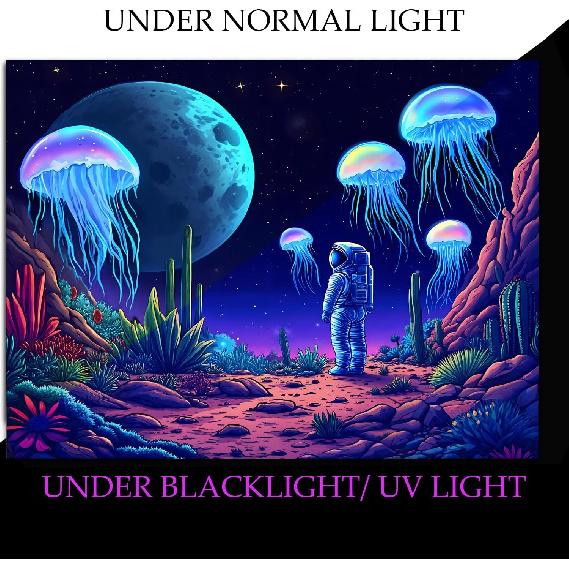 Miytal Blacklight Astronaut Jellyfish Tapestry - UV Reactive Neon Glow In the Dark Space Landscape Wall Hanging, Cosmic Cactus Desert Art Decor for