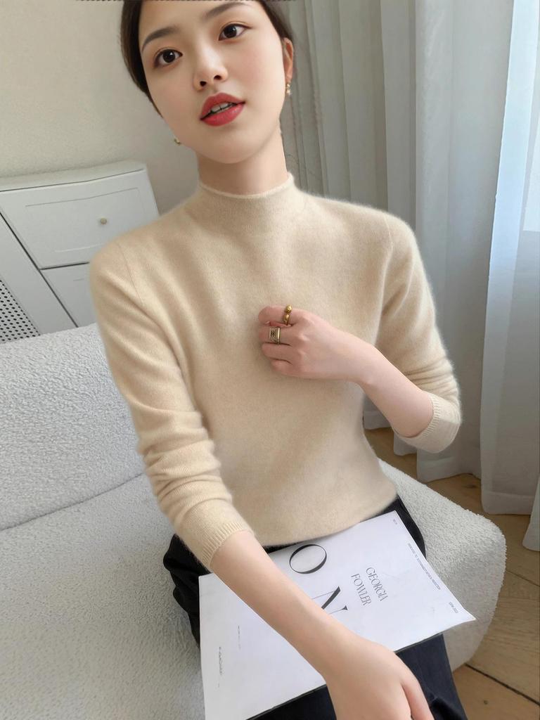 Light & Soft Textured Women's Baby Cashmere Sweater: 10 Colors, 7 Stitches, Rolled Collar, Thickened Knit, Fluffy & Cozy Base Layer