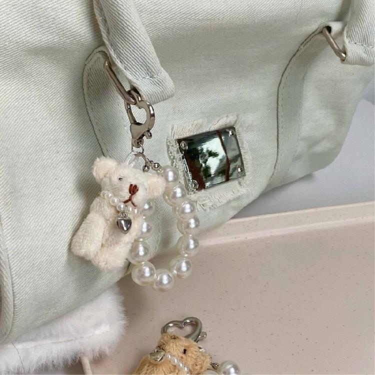 Soft Bear Keychain with Heart and Imitation Pearls Detailing Plush Bag Pendant Accessory Gift for Women and Ladies