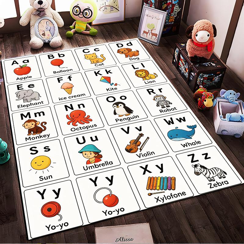Alphabet Animals and Objects Rug Non-slip Rug Suitable for Living Room and Bedroom Sofas.