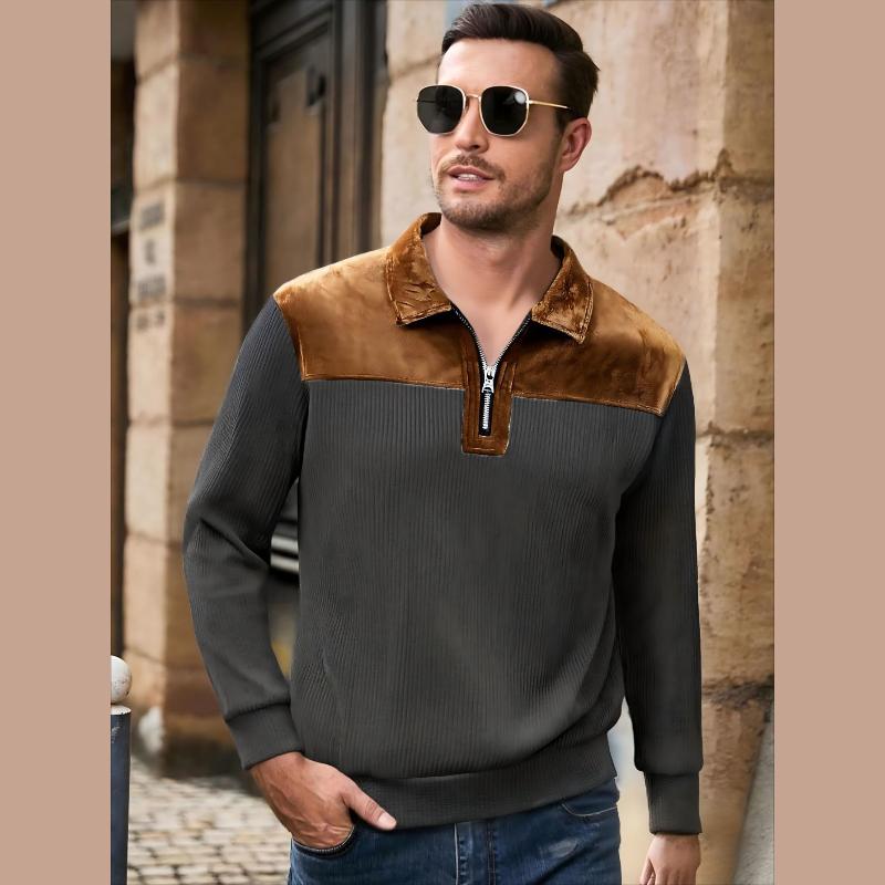 New Spring Autumn Casual Suede Polo Sweatshirt Men Stylish Knit Patchwork Textured Polo Shirts Mens Vintage Half-zip Lapel Jumper Tops