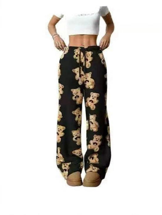 

Little Bear Lambswool Velvet-Lined Straight Casual Pants - Hong Kong Style Autumn Winter Trendy Full Print Loose Long Pants XXL